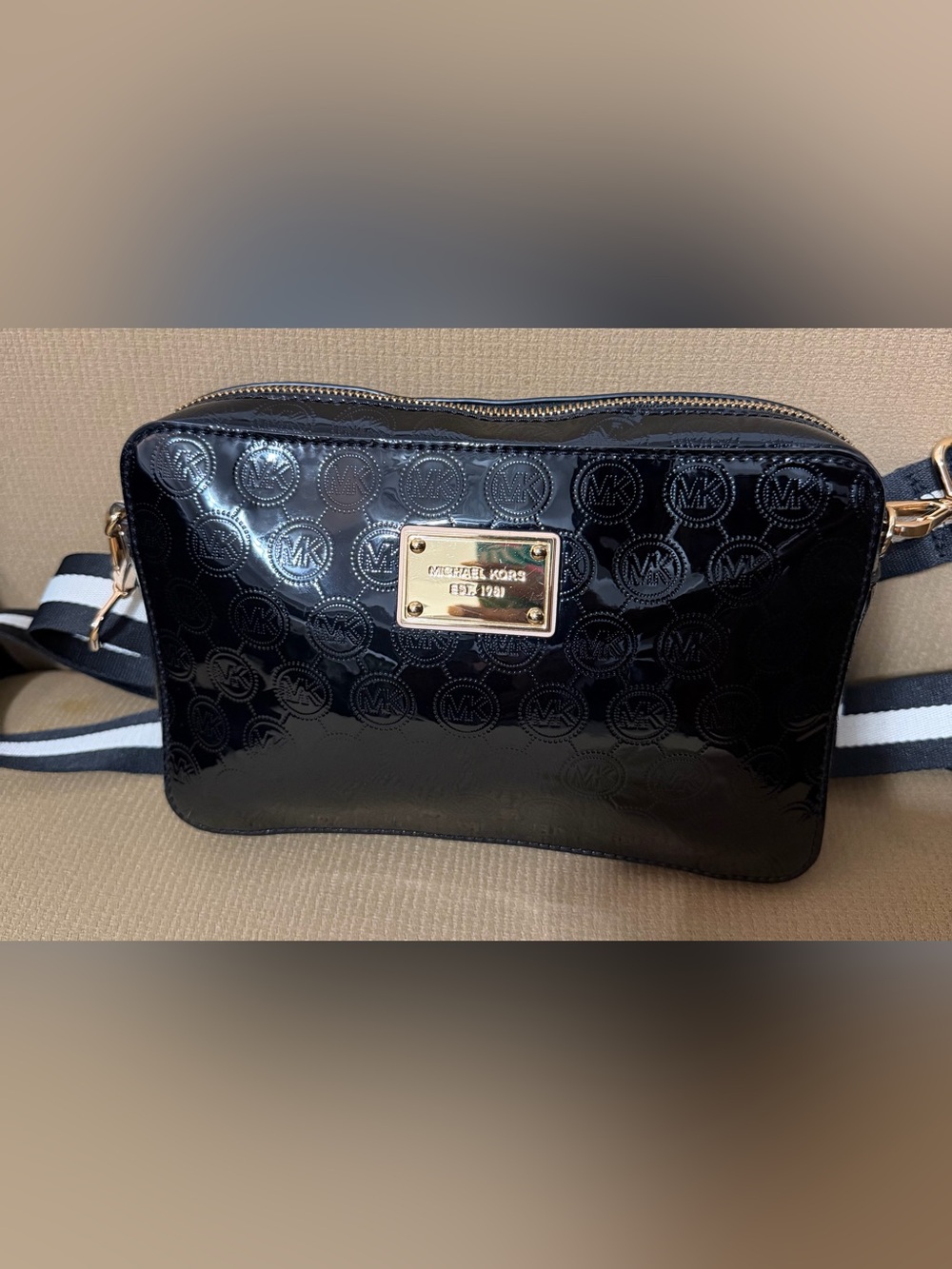 Michael Kors Black Patent Crossbody Camera Bag with Striped Strap